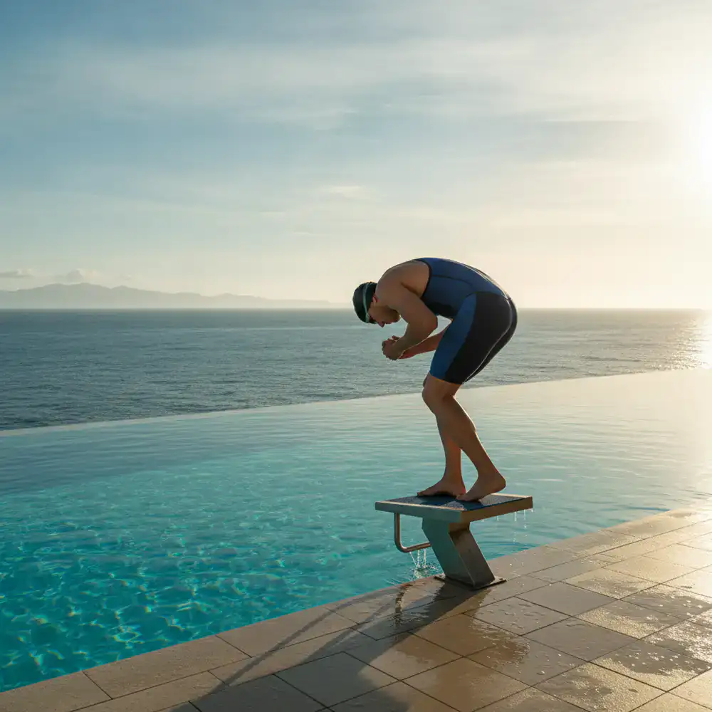 Nadador profissional na borda da piscina preparando-se para o treino