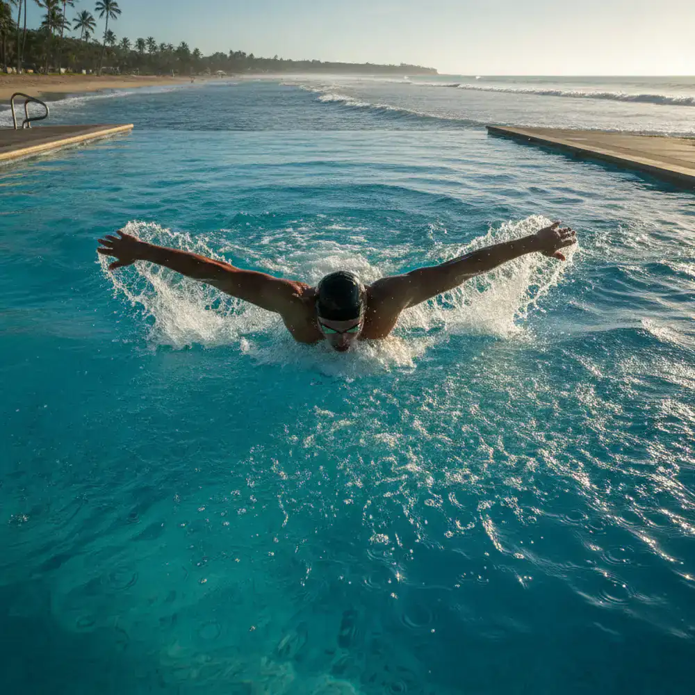 Nadador de alta performance numa piscina olímpica